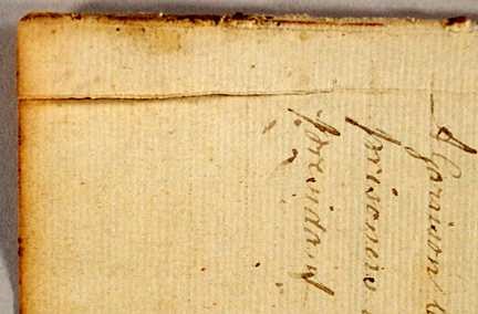 A close-up of one page in the old book with a tear down the edge.