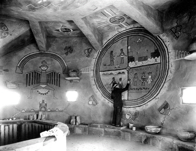 Fred Kabotie painting on the walls of Desert View Watch Tower, c.1930s.