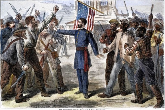 freedmen Colorized sketch from Harpers Weekly showing a soldier trying to keep the peace between fighting factions.