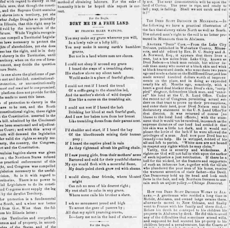 Text of "Bury Me in a Free Land" as published in the Anti-Slavery Bugle newspaper.