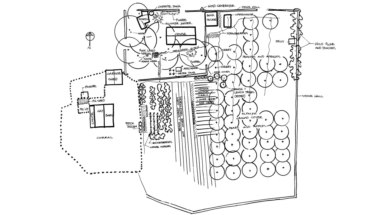 Frijole Ranch during the Smith era Line drawing map of the Frijole Ranch in the 1920s