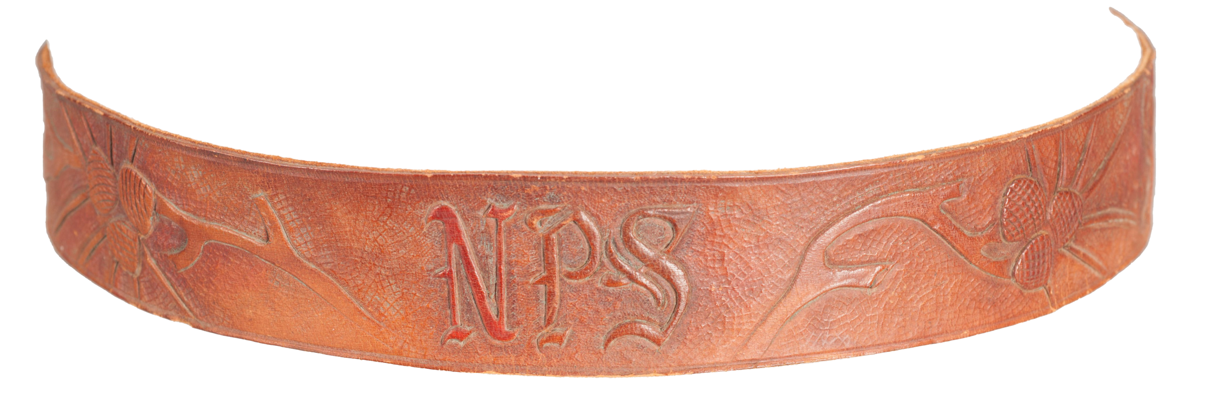Reddish-brown leather hatband with "NPS" and branches with sequoia cones
