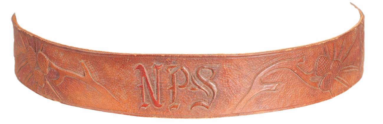 Reddish-brown leather hatband with "NPS" and branches with sequoia cones