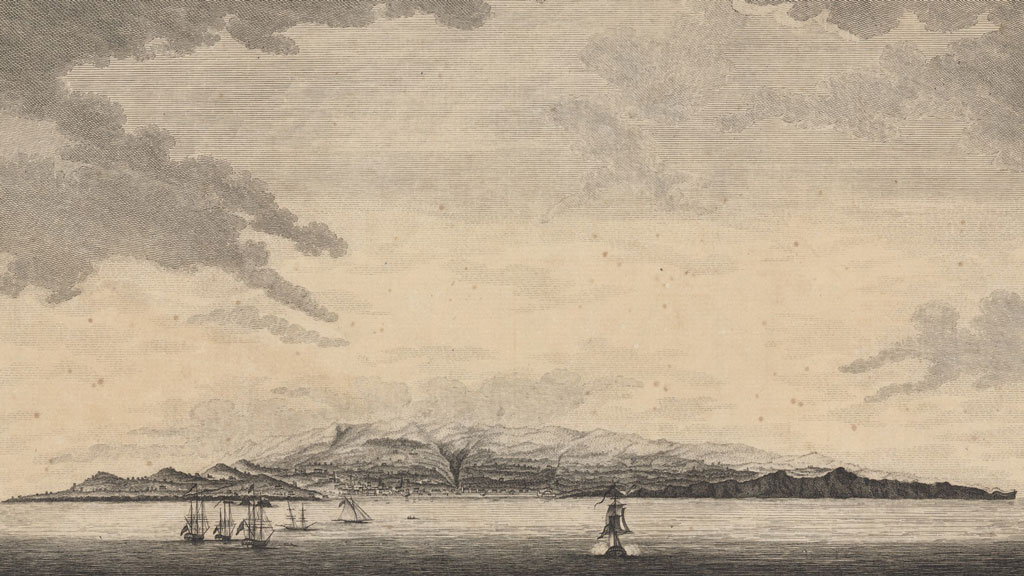 Black and white print of a high sky with clouds. At bottom is the sea with multiple sailing vessels, sailing toward the central image of a mountainous island with a deep gorge down the center.