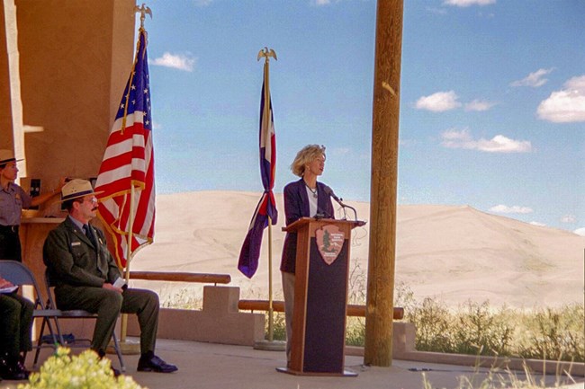Secretary of the Interior Gale Norton Secretary of the Interior Gale Norton speaks to an audience as she declares Great Sand Dunes a National Park and Preserve