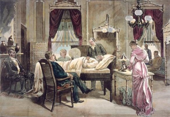 a painting of people sitting at President Garfield's deathbed
