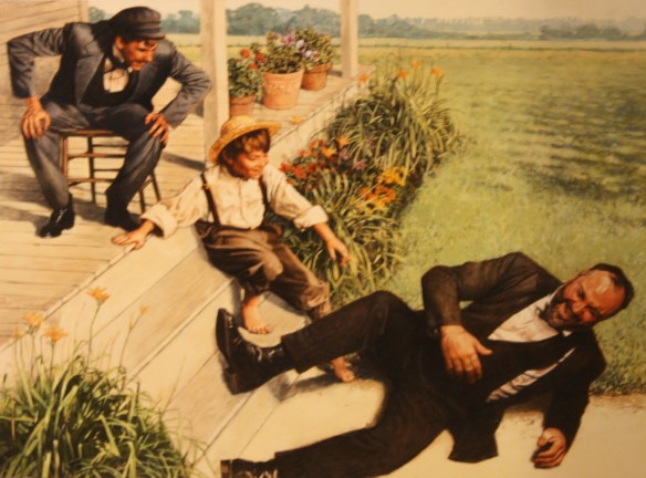James A. Garfield is on the ground laughing while others are watching from the front porch