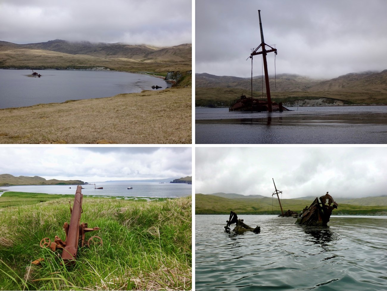 Four color photos of overcast skies, wreckage in the water, and rusted artillery.