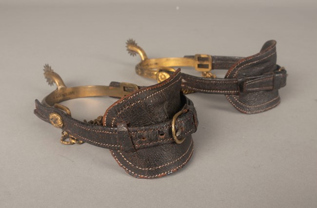 A pair of brass plated spurs with leather straps.