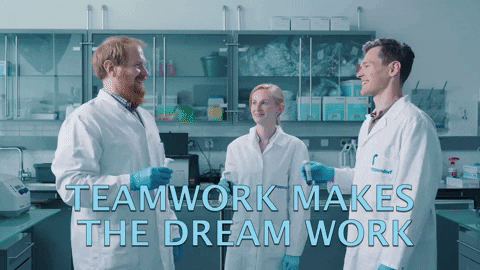 Scientists toast their success! Three scientists in lab coats do a toast with test tubes and the words Teamwork makes the dreamwork are written on the image.