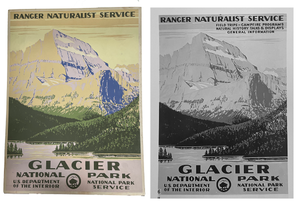 Two Glacier National Park posters, one in color and the other a B&W photo
