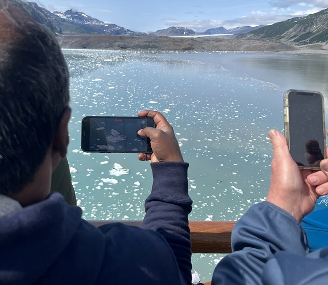 cellphone pic People on a cruise ship take a photo with their cellphone of seals on icebergs.