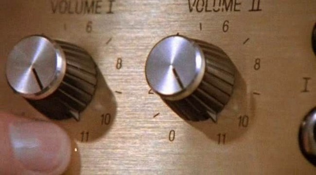 These go to eleven The cover of an amplifier showing knobs that go to eleven.