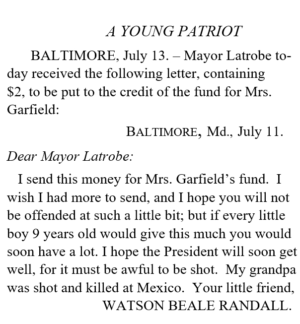 newspaper article of a young boy donating to the Garfield family