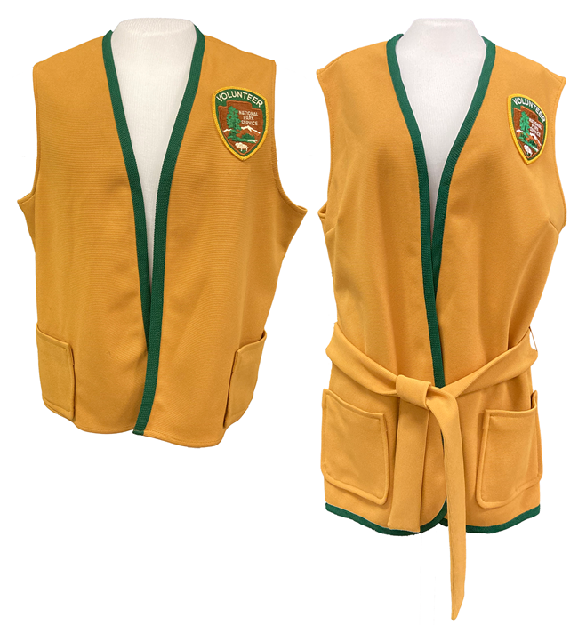 Gold volunteer vests A waist-length gold vest next to a hip length one.