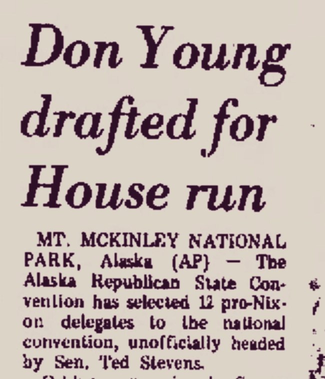 newspaper clipping titled don young drafted for house run, by-line reads mount mckinley national park