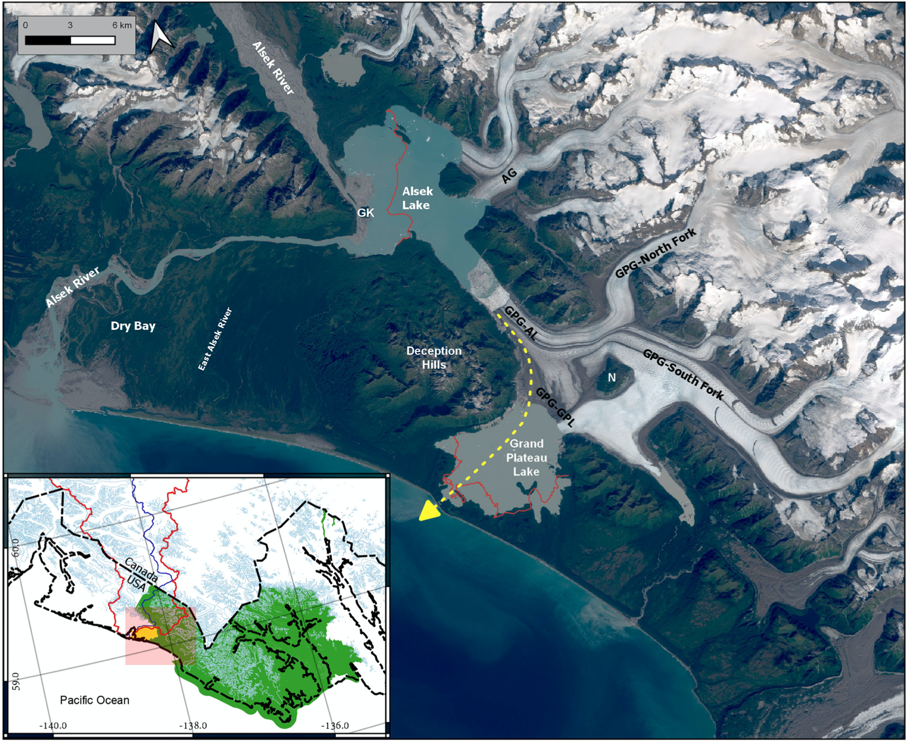 map showing the Dry Bay region including Alsek lake and Grand Plateau Glacier.