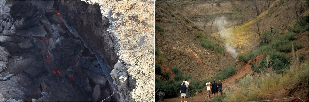 Left: Glowing coals beneath ground surface; right: visitors on a trail look towards smoke rising from the ground in a steep gully.