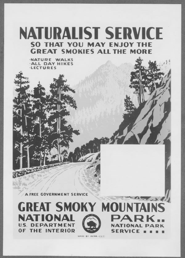 Black and white photo of Ranger Naturalist poster featuring road in wood