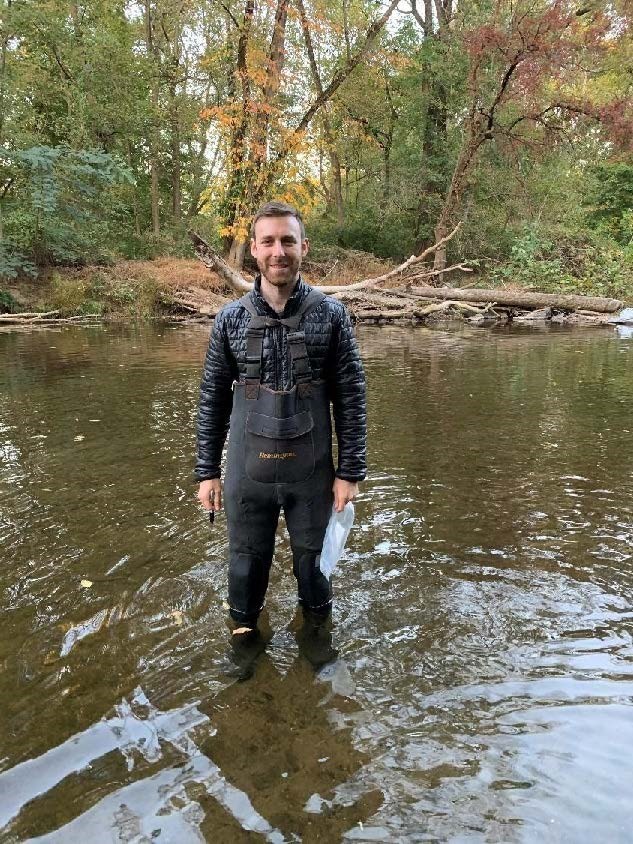 Matthew Fischel, pictured above, samples legacy sediments behind Dam #2, Red Mill Dam. Photo credit: Jason Fischel