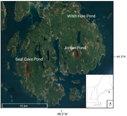 A satellite image of Mount Desert Island. Within the island, three lakes are outlined in red, labeled Witch Hole Pond, Seal Cove Pond, and Jordan Pond. In the lower right corner there is a small outline of New England MDI is marked.