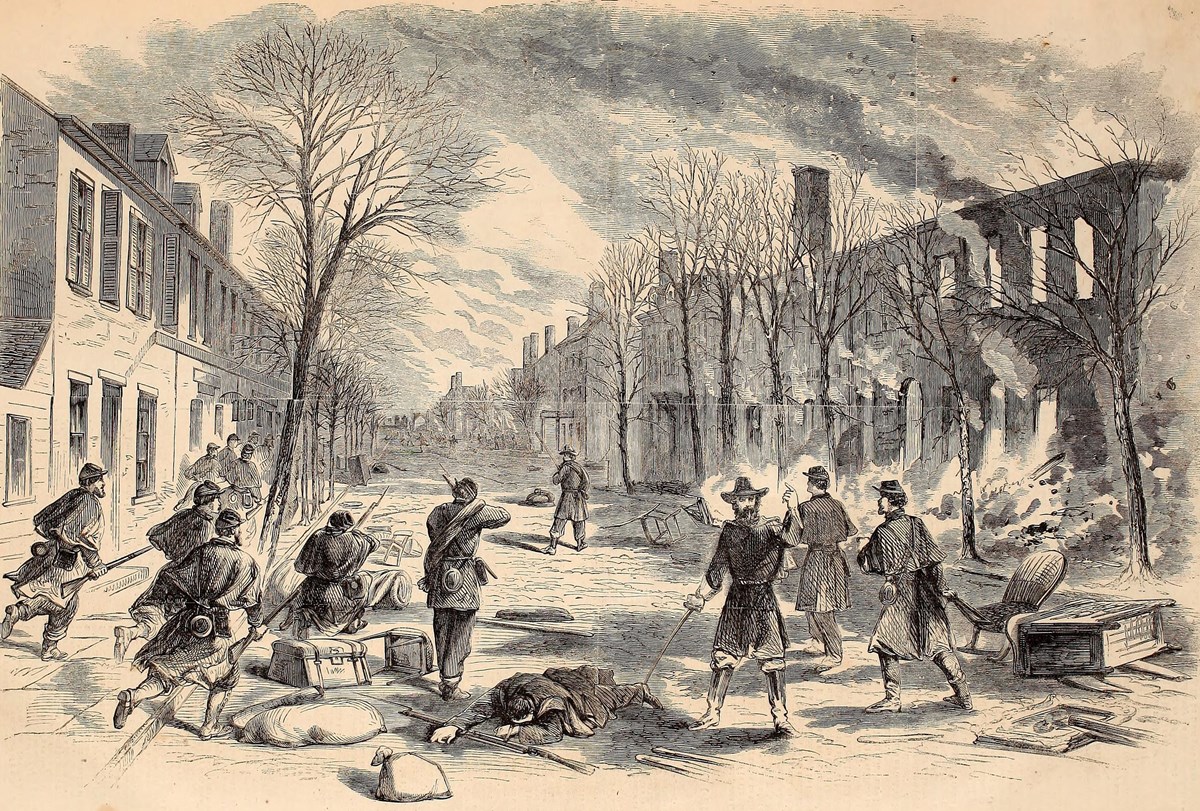 Engraving of soldiers fighting in a bombed out street