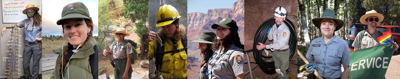 Series of portraits of park rangers wearing a variety of hats