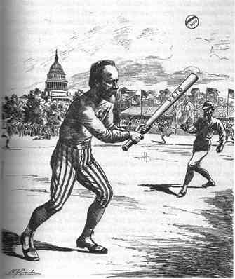 Rutherford B. Hayes as a cartoon character is in a baseball uniform