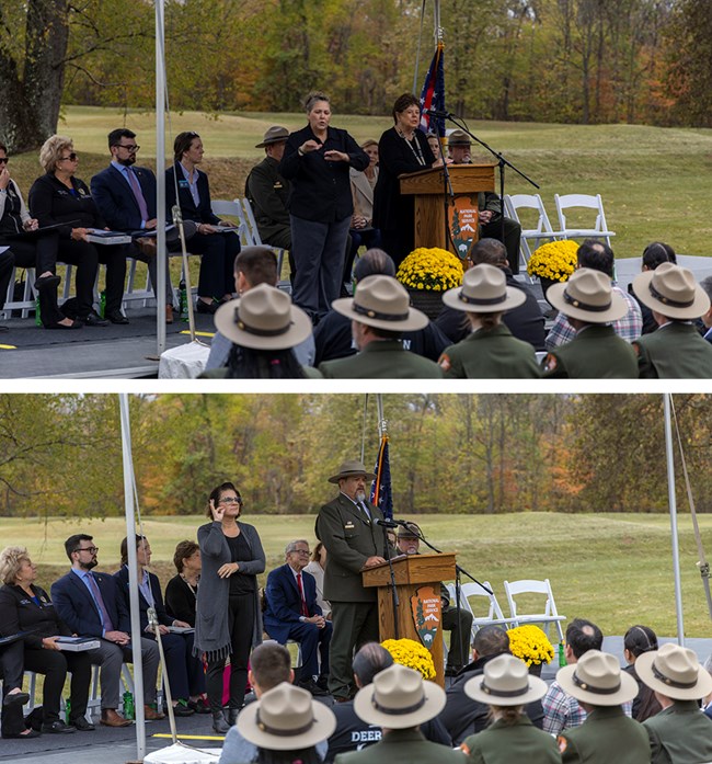 Top: Eastern Shawnee Chief Glenna Wallace speaks to the audience. Bottom: NPS Director Chuck Sams speaks to the audience. Top: A woman speaks from behind a podium on a dais. Bottom: A man in NPS uniform speaks from behind a podium on a dais.