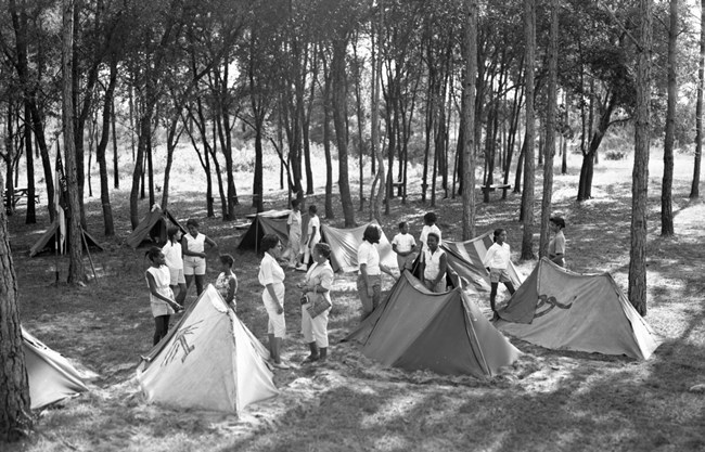 African American Girl Scouts setting up tents for a day trip at Paradise Park. African American Girl Scouts setting up tents for a day trip at Paradise Park.