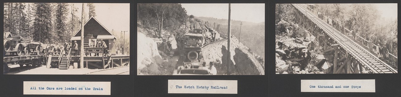 Three photos of cars and the train to Hetch Hetchy