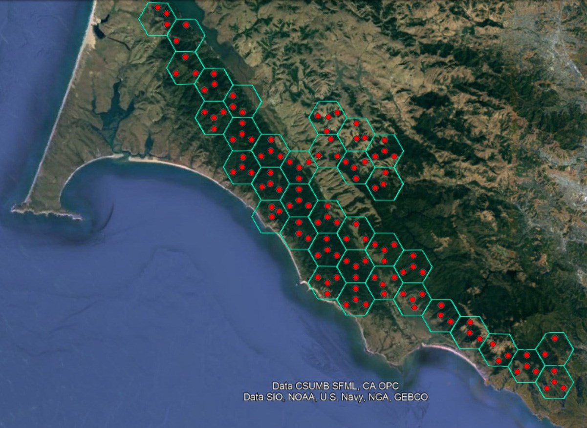 Map of Marin County with a hexagonal pattern overlaying potential owl habitat, and dots within the hexagons symbolizing ARU placement.