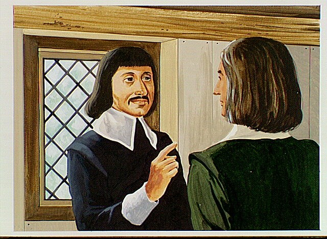 Man in mustache with collared cloak pointing to another man.
