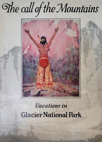 Great Northern Railway brochure Cover a a railroad brochure with a Native American man raising his arms up to the sky.