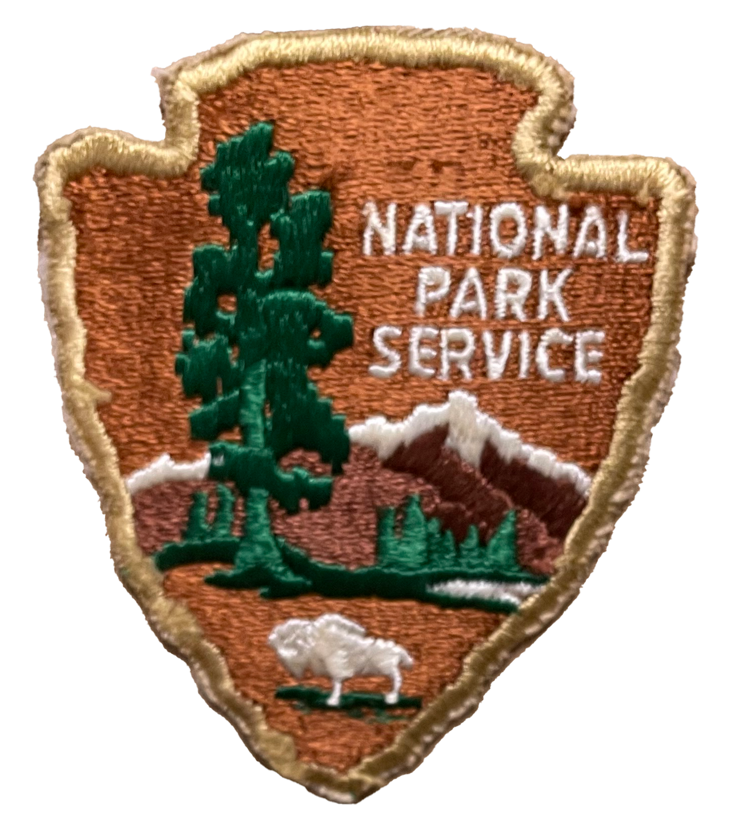 Arrowhead patch Arrowhead with bison, tree, mountains and words, with gold trim