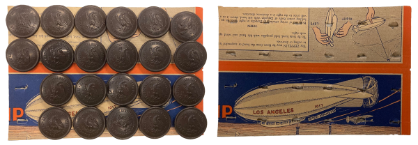 Zeppelin button card Button card full of NPS buttons beside the card without the buttons revealing a Zepplin toy design