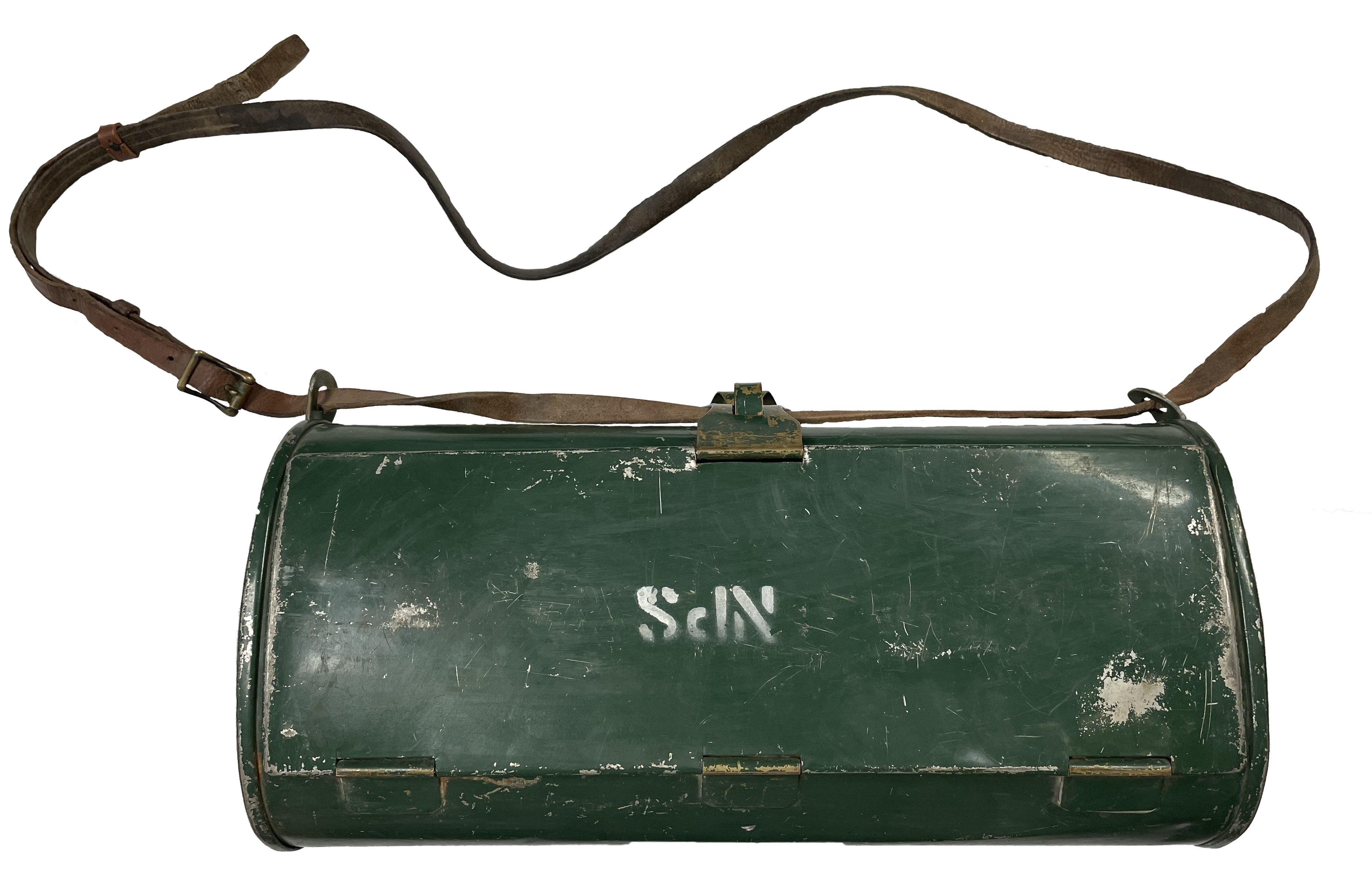 NPS vasculum Green oval container with NPS painted in white and a leather strap