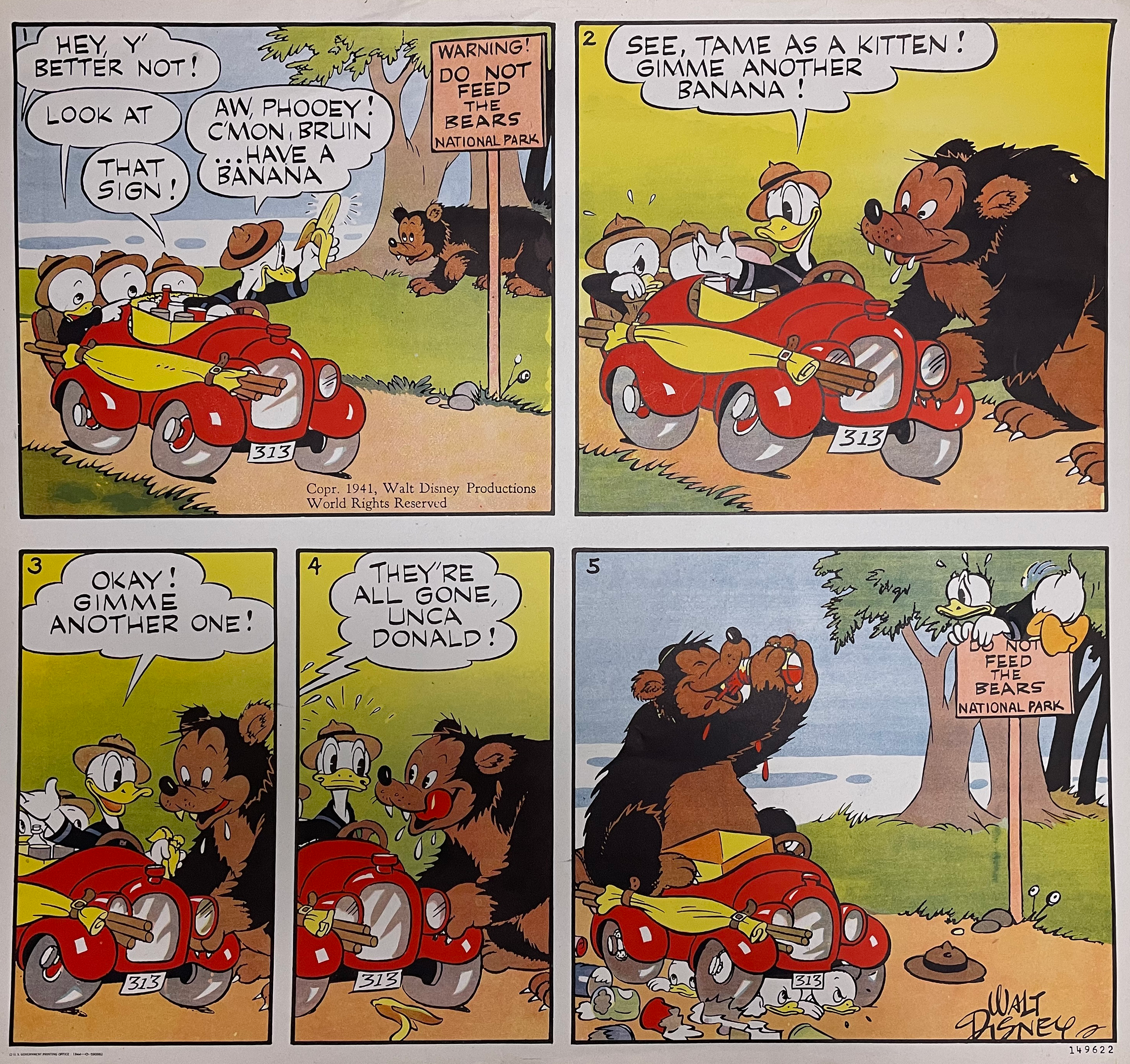 Cartoon of Donald Duck and nephews feeding a bear who takes over their car.