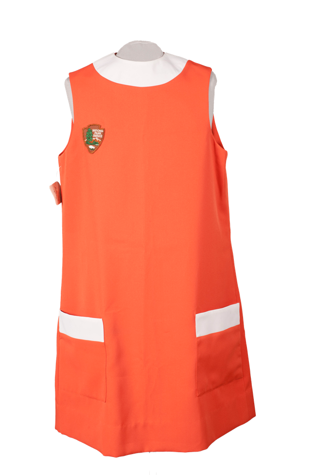 Volunteer Pop-on orange smock with white trim shown on a mannequin