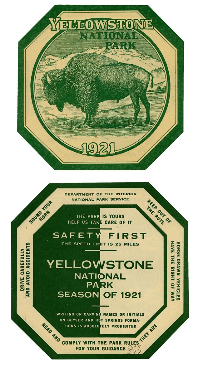 Front and back of a green 1921 Yellowstone sticker