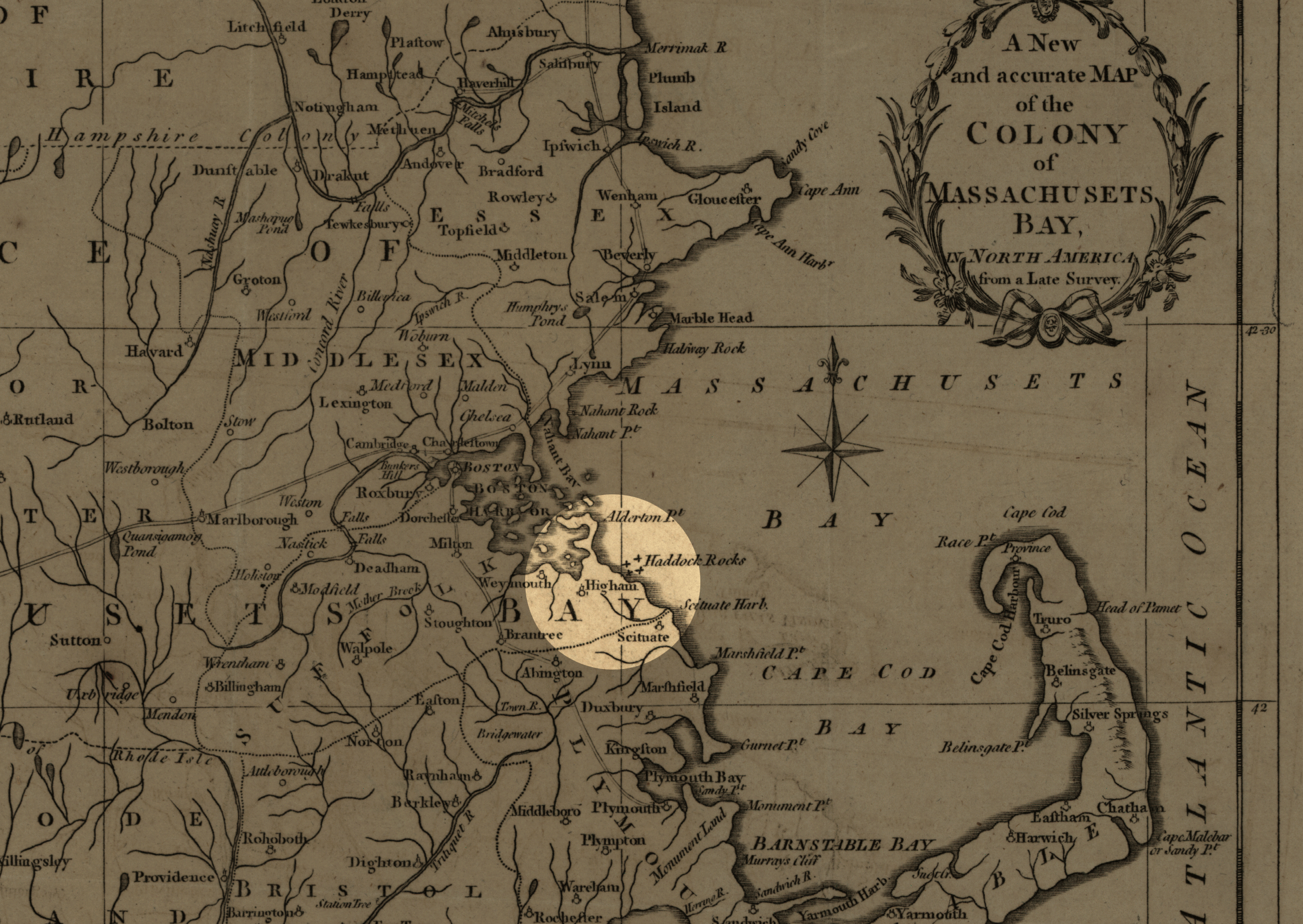 an old map of massachusetts with hingham highlighted