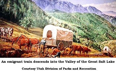 An illustration of a covered wagon entering a valley.
