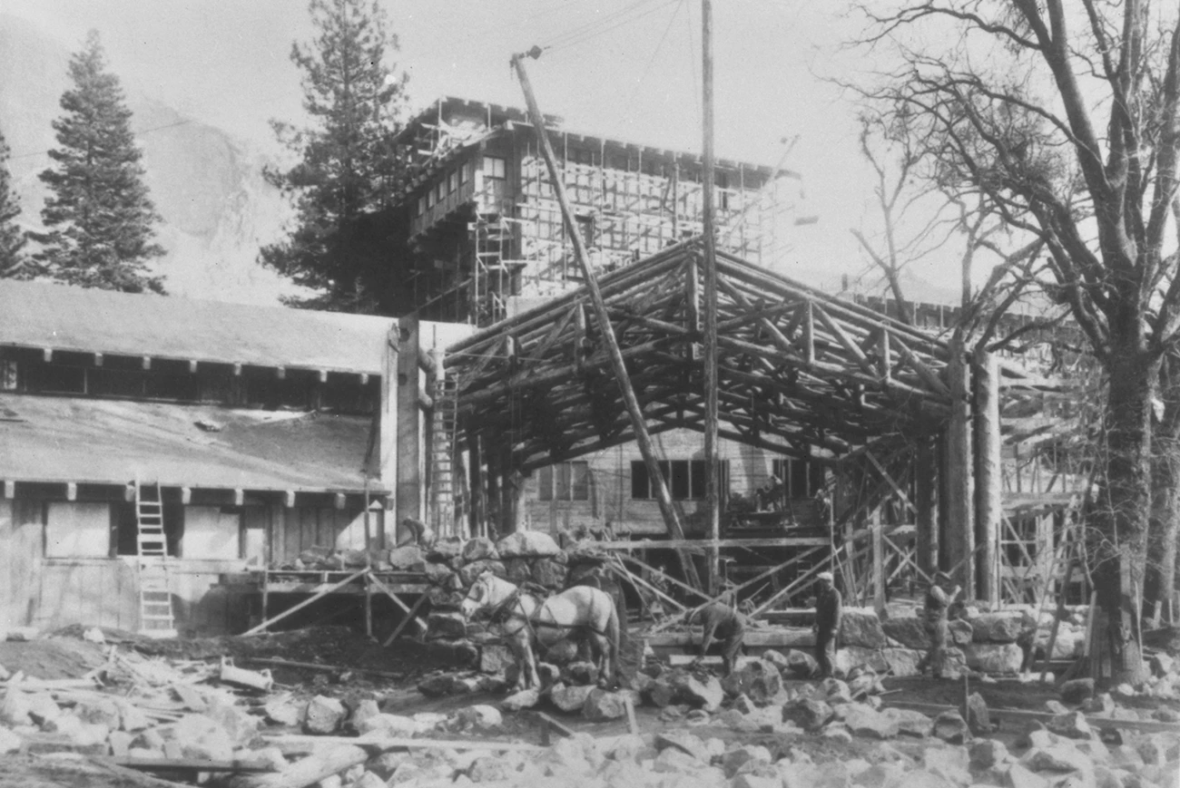 Construction of The Ahwahnee dining room, circa 1926. Construction of The Ahwahnee dining room, circa 1926.