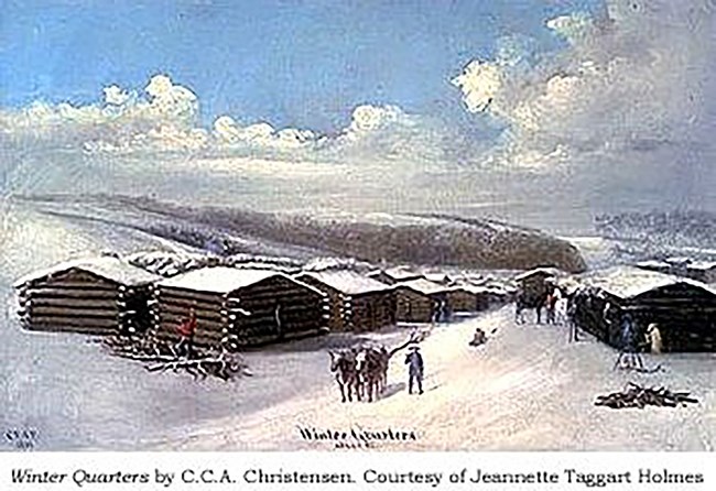 An illustration of a group of log cabins in the winter snow.