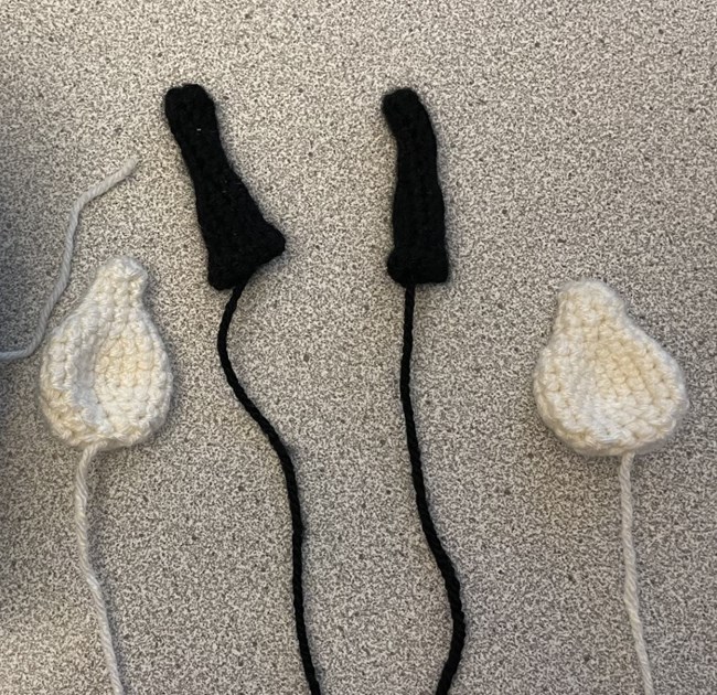 Two mountain goat horns and ears made out of yarn.