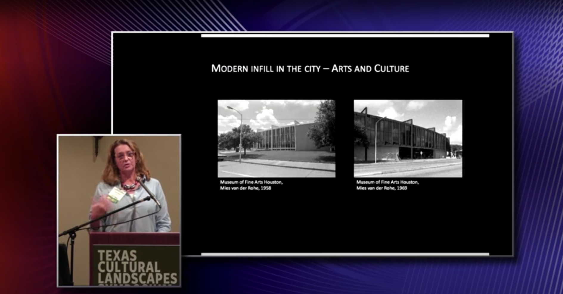 Inset of Anna Mod at a lectern, photos of: Museum of Fine Arts (1958 and 1969), Miles van der Robe architect.