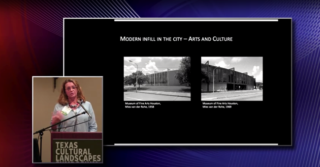 Inset of Anna Mod at a lectern, photos of: Museum of Fine Arts (1958 and 1969), Miles van der Robe architect.