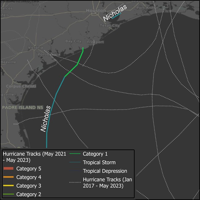 Map of coastal Texas showing tropical storm tracks between May 2021 and May 2023