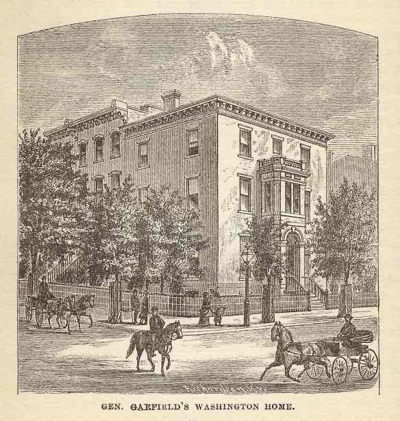 i-street-house-from-bundy drawing of a home that is on the corner two streets and there are horses and people passing by in front