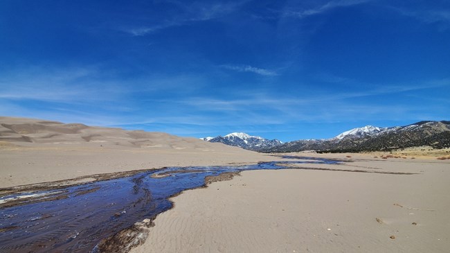 A small, shallow stream flows at the base of dunes and mountains.